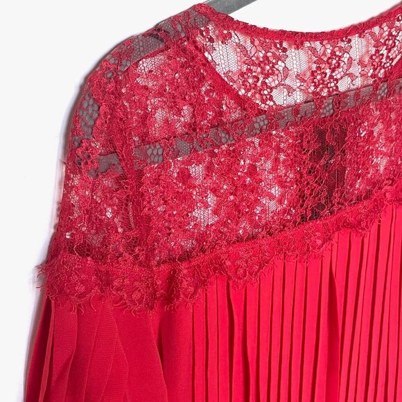 The Kooples Red Lace Chiffon Shift Dress Medium Red Long Sleeve Pleated Mini - Picture 5 of 9